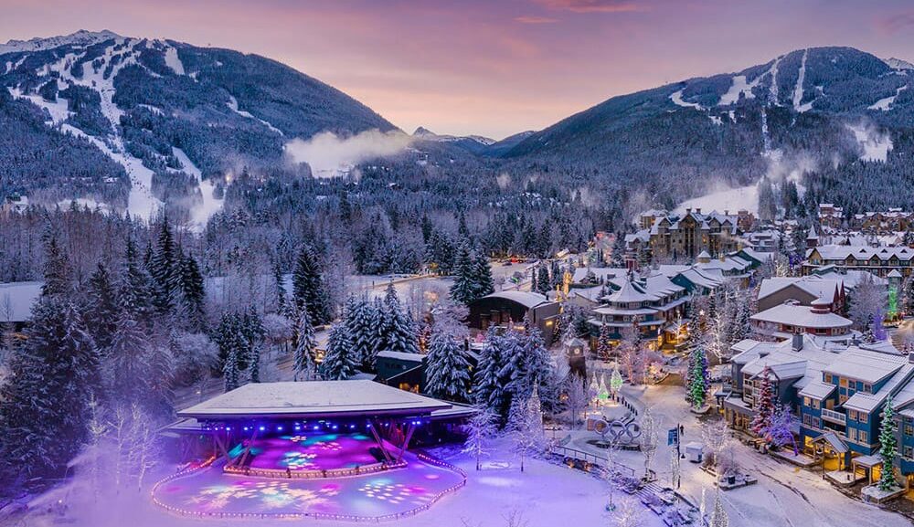 Whistler Village in winter at dusk during Cornucopia Whistler 2026