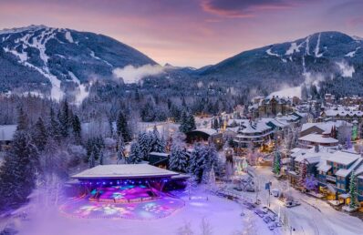 Whistler Village in winter at dusk during Cornucopia Whistler 2026