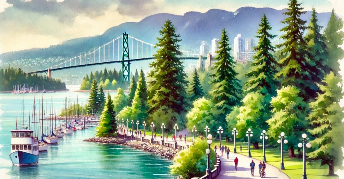 A watercolor painting of Stanley Park and the Lions Gate Bridge in Vancouver, Canada. The painting shows the lush greenery of Stanley Park with tall evergreen trees, the scenic seawall with people walking and biking, and the Lions Gate Bridge stretching across the water with its distinctive green towers.