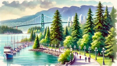 A watercolor painting of Stanley Park and the Lions Gate Bridge in Vancouver, Canada. The painting shows the lush greenery of Stanley Park with tall evergreen trees, the scenic seawall with people walking and biking, and the Lions Gate Bridge stretching across the water with its distinctive green towers.