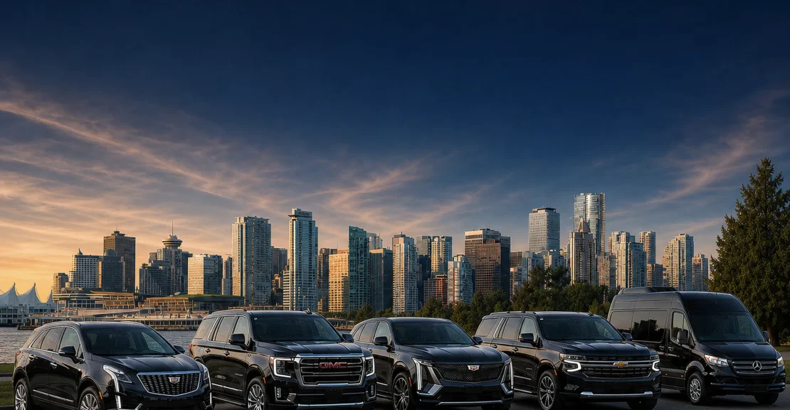 Avante luxury fleet lineup including SUVs and a Sprinter van in front of the Vancouver skyline