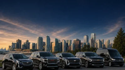 Avante luxury fleet lineup including SUVs and a Sprinter van in front of the Vancouver skyline